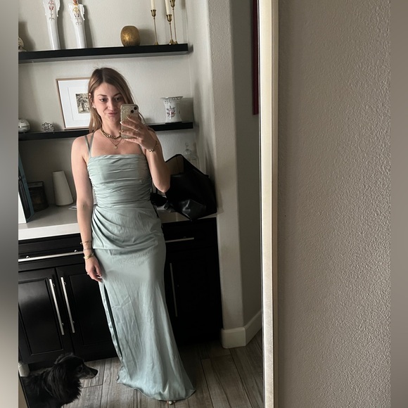 Azazie Desi sheath Halter Corset Stretch Satin Dress agave - Picture 9 of 9